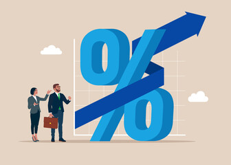 Businesspeople with percent and arrow up. Interest rate hike due to inflation percentage rising up. Vector flat illustration