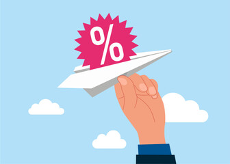 Sale with excellent offer shopping. Price with interest rate and paper plane for online shopping. Interest rate locked in banking. Flat vector illustration