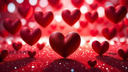 Romantic Valentines Day Background with Red Hearts and Sparkling Lights Symbolizing Love and Affection in a Dreamy Composition for Special Occasions