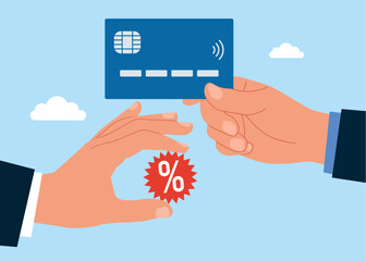 Fototapeta premium Money savings and shopping. Hands holding a credit card and a percentage sign discount symbol. Vector flat illustration