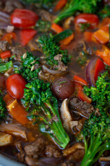 Close up of Healthy One Pot Meal of Ground Bison, Mushrooms, Broccoli, Barley, and Quinoa with Fresh Herbs