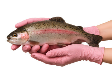 Rainbow trout held by someone wearing pink gloves, showcasing fish care and handling skills in a controlled environment