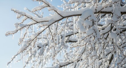 Closeup of snowcovered tree branches with icicles