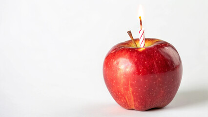 A creative birthday scene featuring a glowing candle placed atop a red apple on white background.
