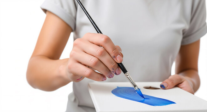 A creative's hands meticulously mix and apply vibrant blue paint to a canvas, their purposeful effort creating a splash of color, isolated against a pristine white background.