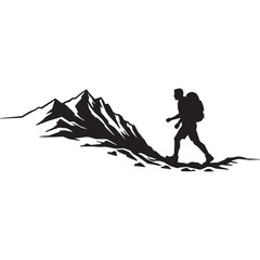 Hiker walking on mountain path silhouette vector illustration