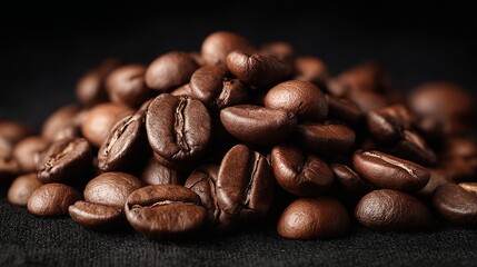 Naklejka premium a close-up view of a heap of roasted coffee beans against a dark background highlights their rich textures and warm tones.