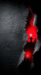 Dark scene with red candles and a cross in a shadowy setting evokes mystery and suspense during a nighttime ritual