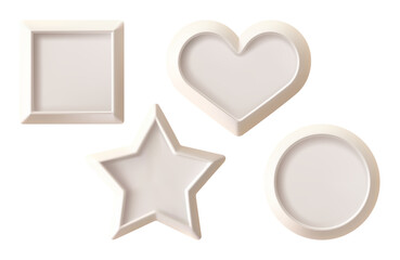 Photo frame set. Pastel picture on white wall, vector mock up. 3d isolated wooden exhibition, modern poster layout template. Round, square star, heart shapes of realistic shadow gallery layout decor.