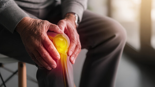 Elderly person holding knee in discomfort while sitting indoors during the afternoon