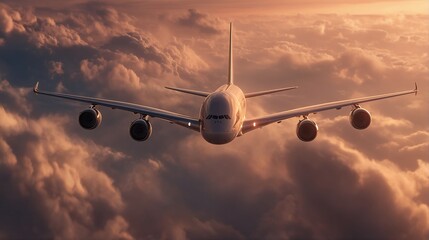 a large passenger airplane flies directly towards the viewer amidst a dramatic, swirling orange and brown cloudscape at sunset.