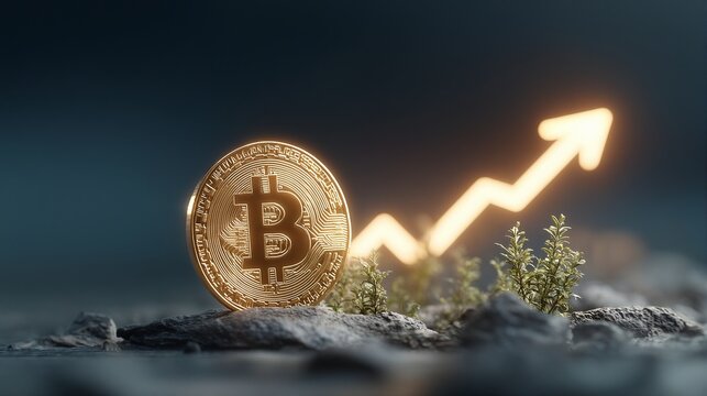 a golden bitcoin stands amidst growing plants with a glowing upward trending arrow symbolizing financial growth and investment.