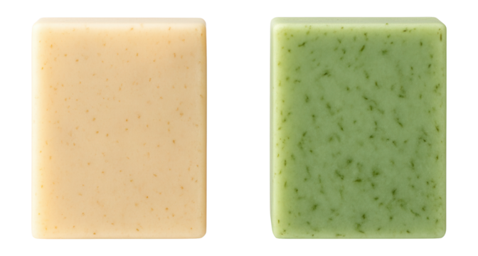Two natural antibacterial soap bars on a white background.