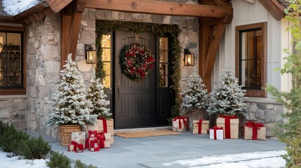 a warmly lit stone and wood entryway is decorated for christmas with flocked trees, wrapped gifts, and a festive wreath.