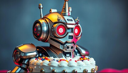 Futuristic robot birthday cake with metallic decorations,   design,  technology