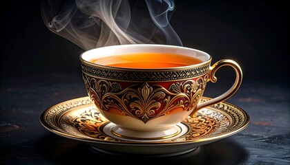 Ornate teacup steaming