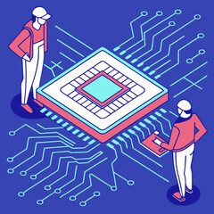 A man stands at the center of a complex electronic circuit board labyrinth, a conceptual illustration of a digital puzzle