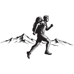 Sketch of a man running with a backpack and mountains