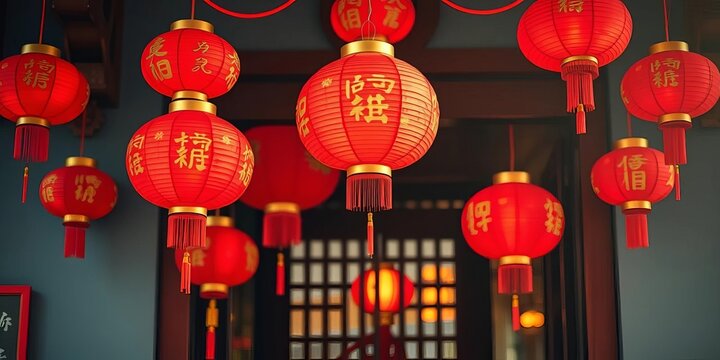 Red lanterns hanging, auspicious decorations adorn a doorway for Chinese New Year celebration, Lucky, design