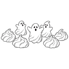 Spooky ghosts and meringues in black and white illustration