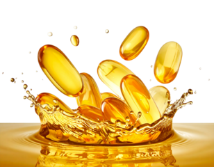  Scattered Omega-3 Soft Gels Splashing into Water – Transparent Background