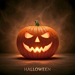 Single Spooky Jack-o'-Lantern on a Dark Background - Halloween and Scary Atmosphere - Stock Photo for Seasonal Events
