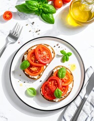 Top-down view of whole grain toast with ricotta, sliced tomatoes, olive oil, black pepper, basil garnish on white plate over marble. Bright, fresh, clean breakfast scene.