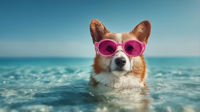 a charming corgi wearing bright pink sunglasses playfully floats in clear turquoise ocean water. - Powered by Adobe