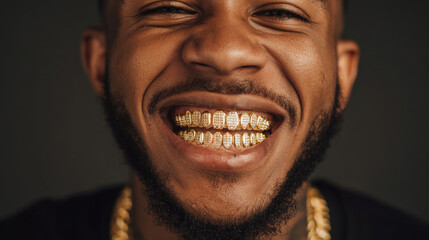 Man smiles widely showing gold grills during a close-up portrait session in a dimly lit studio setting