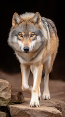 Obraz premium Wolf walking gracefully across rocky terrain in a natural setting during daylight hours