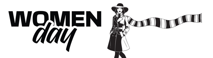 Stylish woman celebrating Women's Day with bold typography and flowing scarf