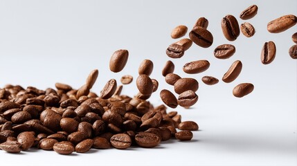 Naklejka premium a dynamic stream of roasted coffee beans bursts forth from a grounded pile against a clean white background.