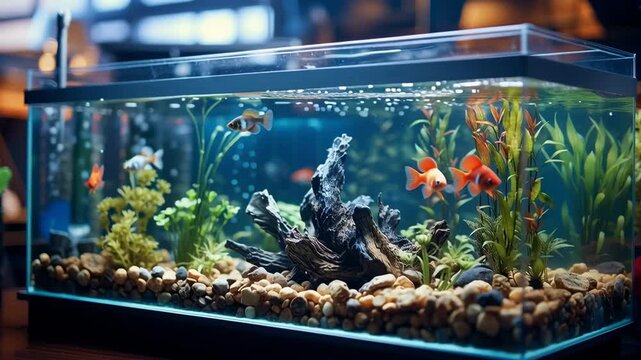 Aquarium fish Guppy swim among algae and stones, corrals and underwater plants in an aquarium