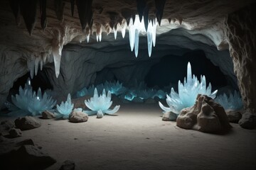 Magische Eishöhle mit leuchtenden Eiszapfen und kristallklaren Eisformationen