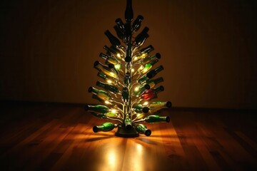 Tree Made From Upside Down Wine Bottles Lit From Within On Dark Wooden Floor With Soft Bokeh 1