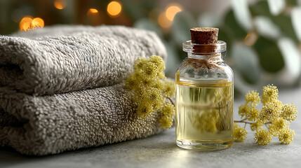 spa wellness therapy with essential oil and towel on serene relaxing background enhancing soothing atmosphere promoting body care tranquility and selfcare lifestyle