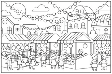 Fototapeta premium Festival market illustration of decorated stalls with fruits lights and people shopping happily at night in a joyful cultural holiday celebration atmosphere