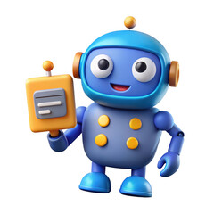 3d cute blue robot holding a yellow tablet isolated on transparent background