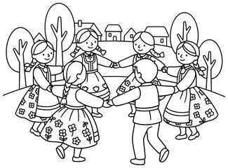 Folk dance illustration of children in traditional costumes holding hands and dancing in a circle outdoors in village cultural celebration