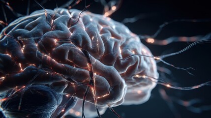 Luminous Digital Brain with Active Neural Network and Synaptic Connections on Dark Background.