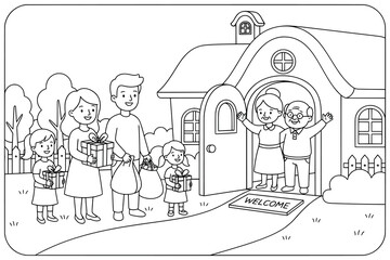 Family visit illustration of parents and children bringing gifts to grandparents standing at the doorway with a welcome mat and smiling greetings © Crafter
