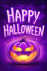 Fototapeta premium Vibrant pumpkin with glowing eyes celebrates Halloween in a festive purple background