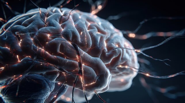 Luminous Digital Brain with Active Neural Network and Synaptic Connections on Dark Background. - Powered by Adobe
