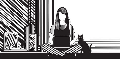 Young woman working on laptop with black cat in stylized graphic office space