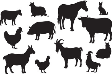 Obraz premium Vector Farm Animals Silhouettes Isolated on transparent background
