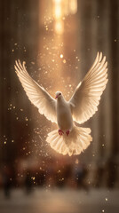 Fototapeta premium White dove flying gracefully in sunlight with a blurred background of people and soft glows in the evening hours
