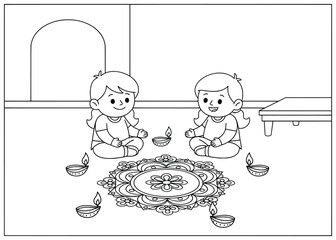 Diwali rangoli illustration of two happy kids sitting on the floor with decorative lamps and colorful festive patterns in celebration