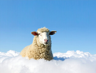 Obraz premium Oveja blanca entre nubes esponjosas con fondo azul que transmite calma pureza y ternura en una imagen surrealista y bucólica llena de ligereza serenidad frescura e inocencia en clave poética