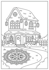 Obraz premium Festival house decorated with hanging lanterns and a large detailed rangoli design in front yard showing celebration atmosphere in a peaceful neighborhood
