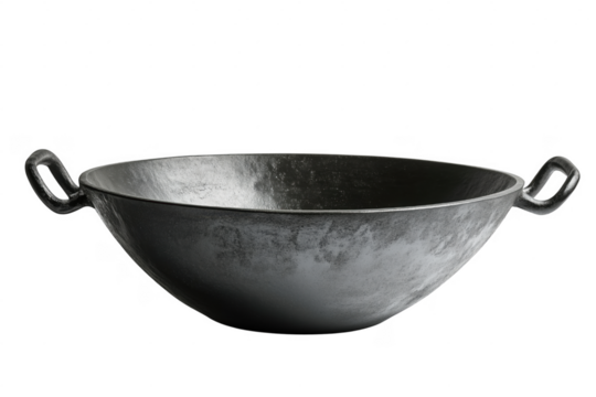 High angle studio shot of a rustic black wok on a plain transparent background